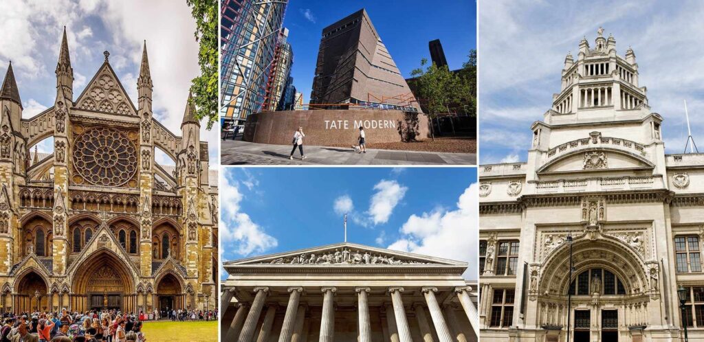 A collage of London’s top cultural landmarks, underscoring the city’s identity as one of the Best Cities in the UK for history and arts.