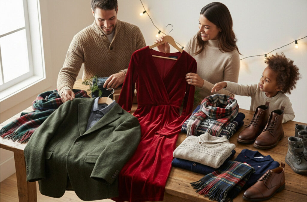 Family planning holiday outfits together with festive clothing spread on wooden table in bright room