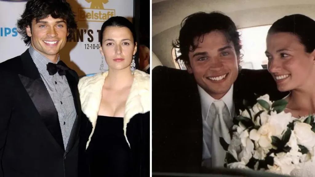 Jamie White-Welling posing with Tom Welling at a red carpet event alongside a wedding photo, highlighting their relationship and personal life featured by The London Magazine.