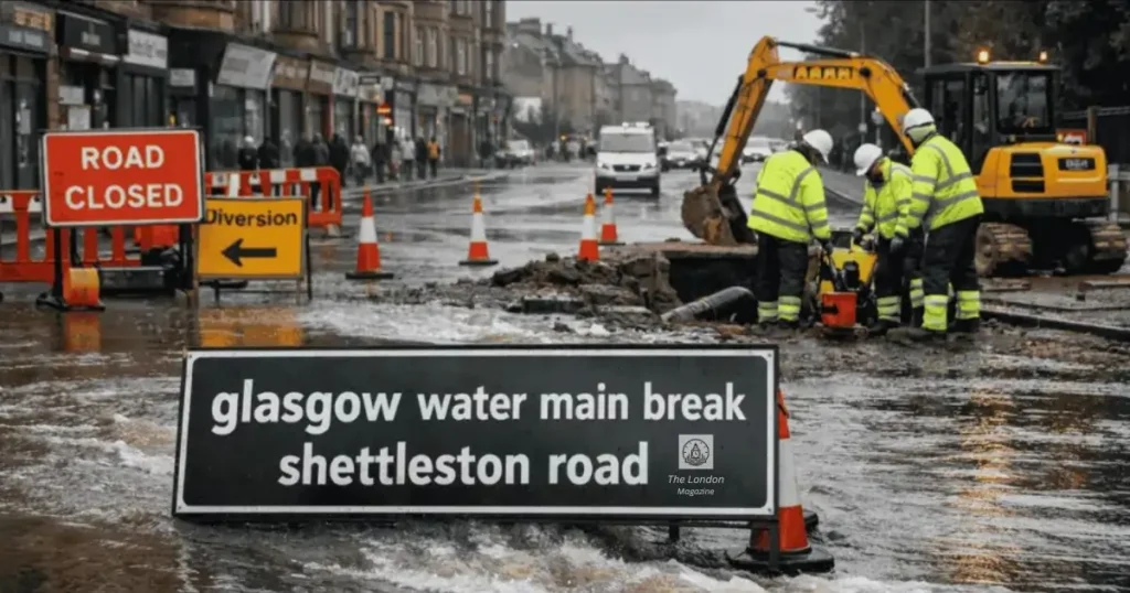 Glasgow water main break Shettleston Road showing workers repairing burst pipe with road closed signs and flooding — The London Magazine