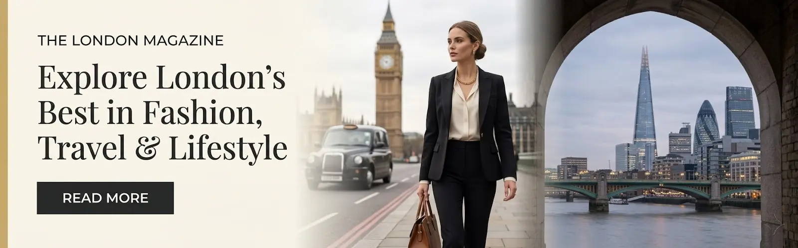 The London Magazine banner featuring London fashion lifestyle with a stylish woman walking near Big Ben and iconic London skyline.