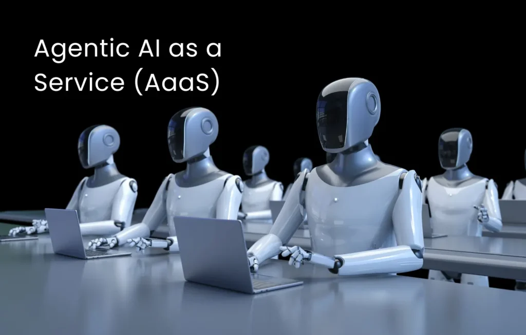 AI robots working on laptops representing Agent as a Service model by The London Magazine