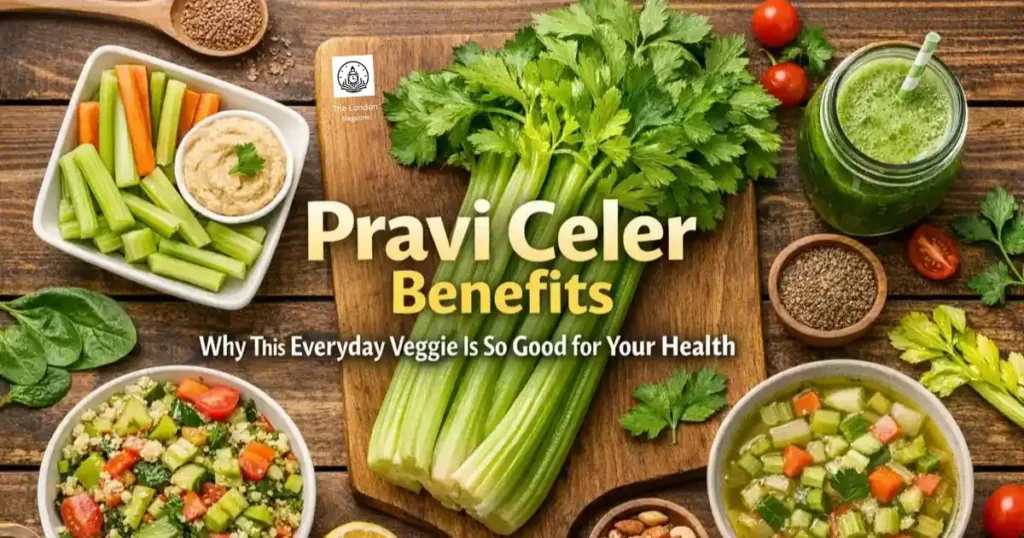 Pravi Celer benefits – fresh celery stalks, green juice, soup, and salad displayed on a wooden board by The London Magazine